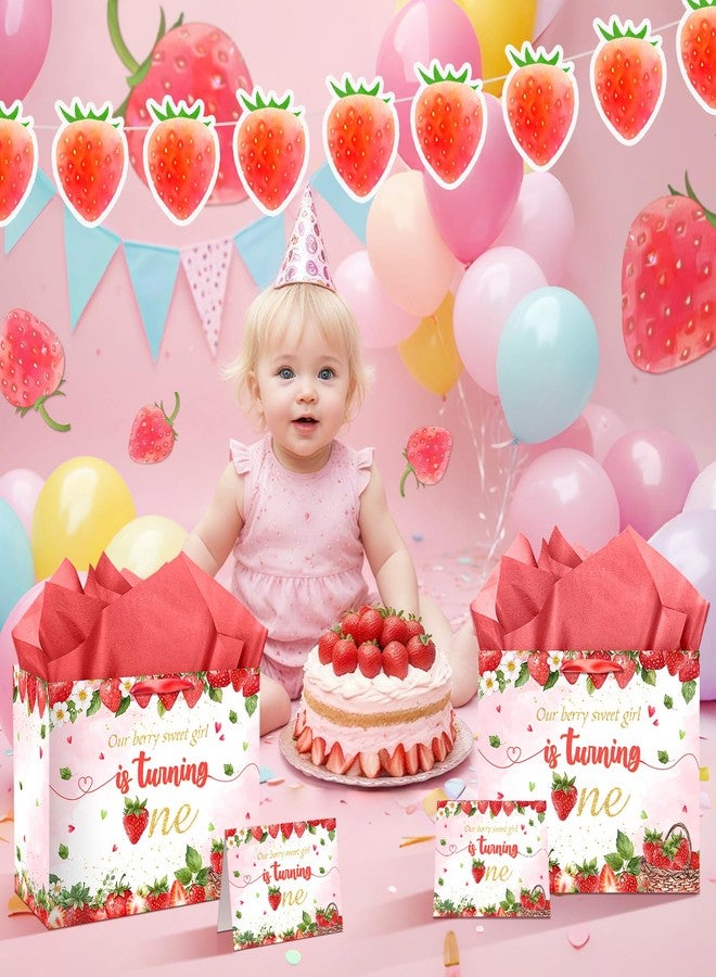 Woosytoo Strawberry 1st Birthday Gift Bag Berry Birthday Decorations Large Sweet One Wrapping Bag with Tissue Paper and Greeting Card for Baby Girl Christmas Xmas Baby Shower Party Favors Supplies - Image 4